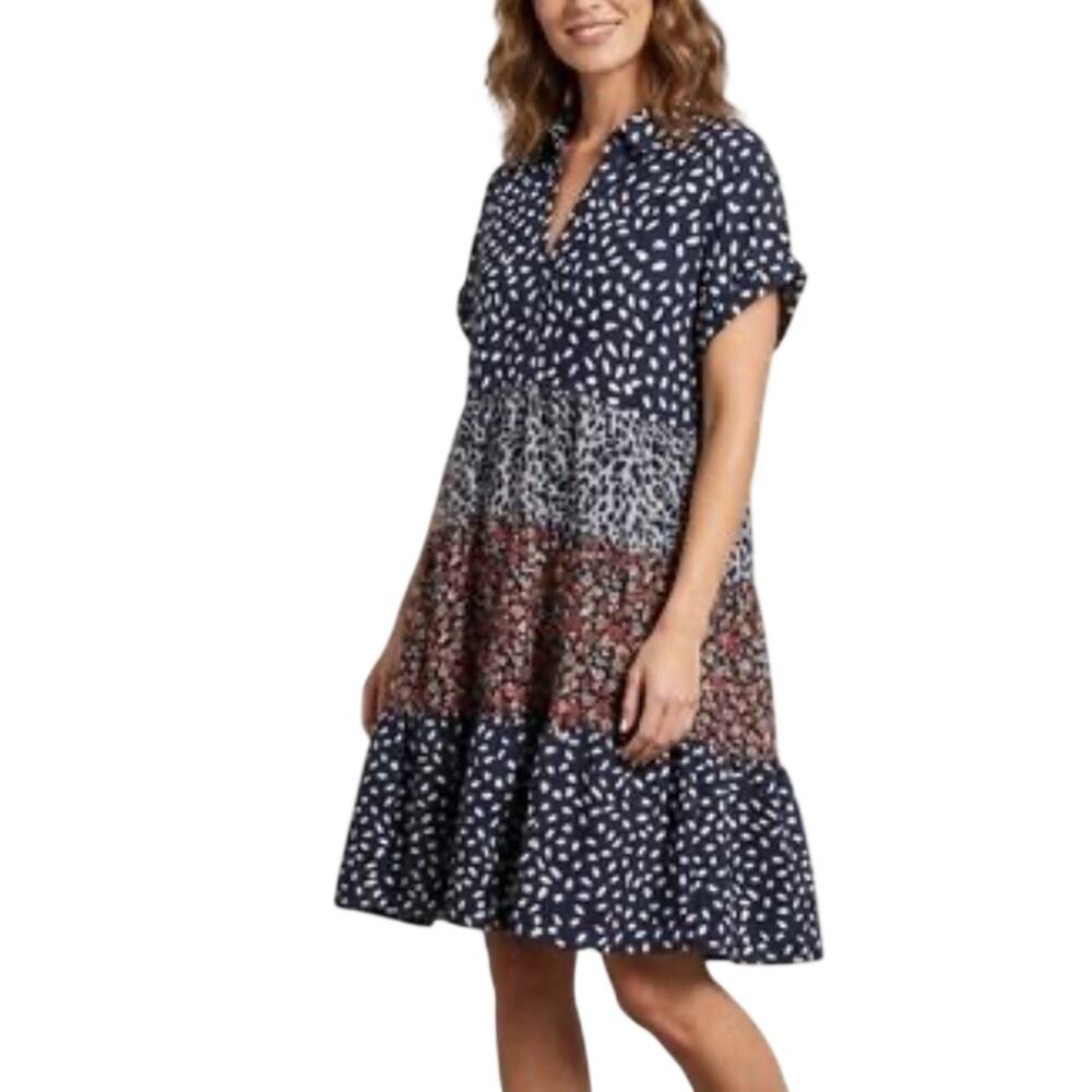 Umgee Navy Mixed-Print Tiered Mini Dress with Accents